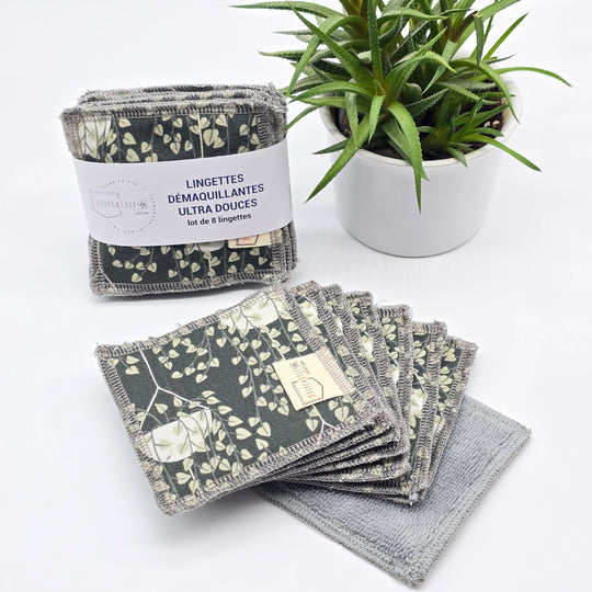 Lingettes démaquillantes lavables - lot de 8 - plante verte suspendue - bambou anthracite
