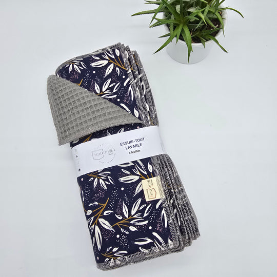 Essuie-tout lavable - bleu feuilles blanches et dorées (intérieur gris) - lot de 8 feuilles