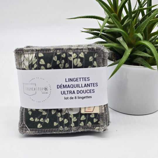Lingettes démaquillantes lavables - lot de 8 - plante verte suspendue - bambou anthracite