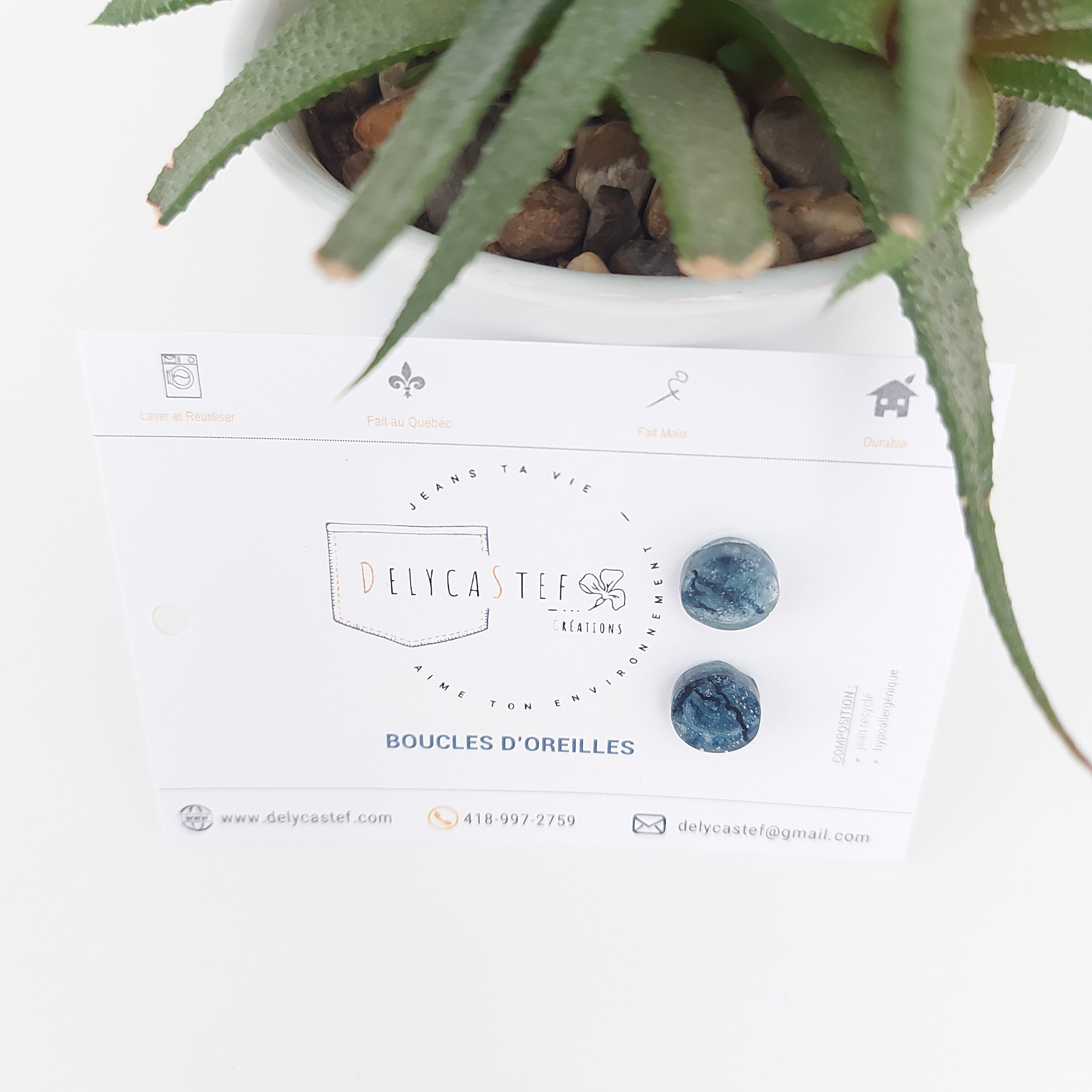 delycastef boucle oreille clou resine denim rond