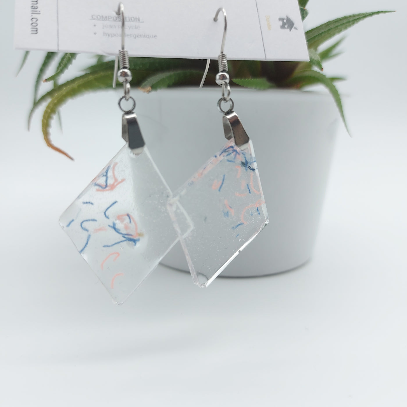 Boucles d'oreille - pendante  - losange denim et rose - grande