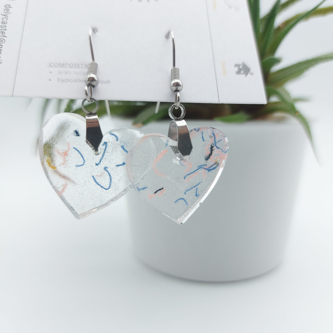 Boucles d'oreille - pendante  - coeur denim et rose