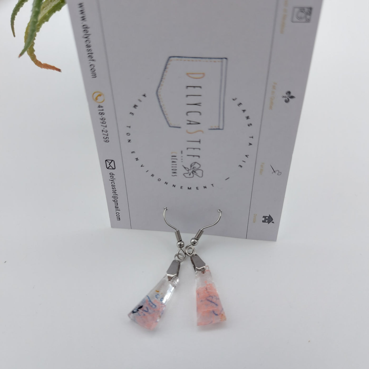 Boucles d'oreille - pendante  - trapeze denim et rose