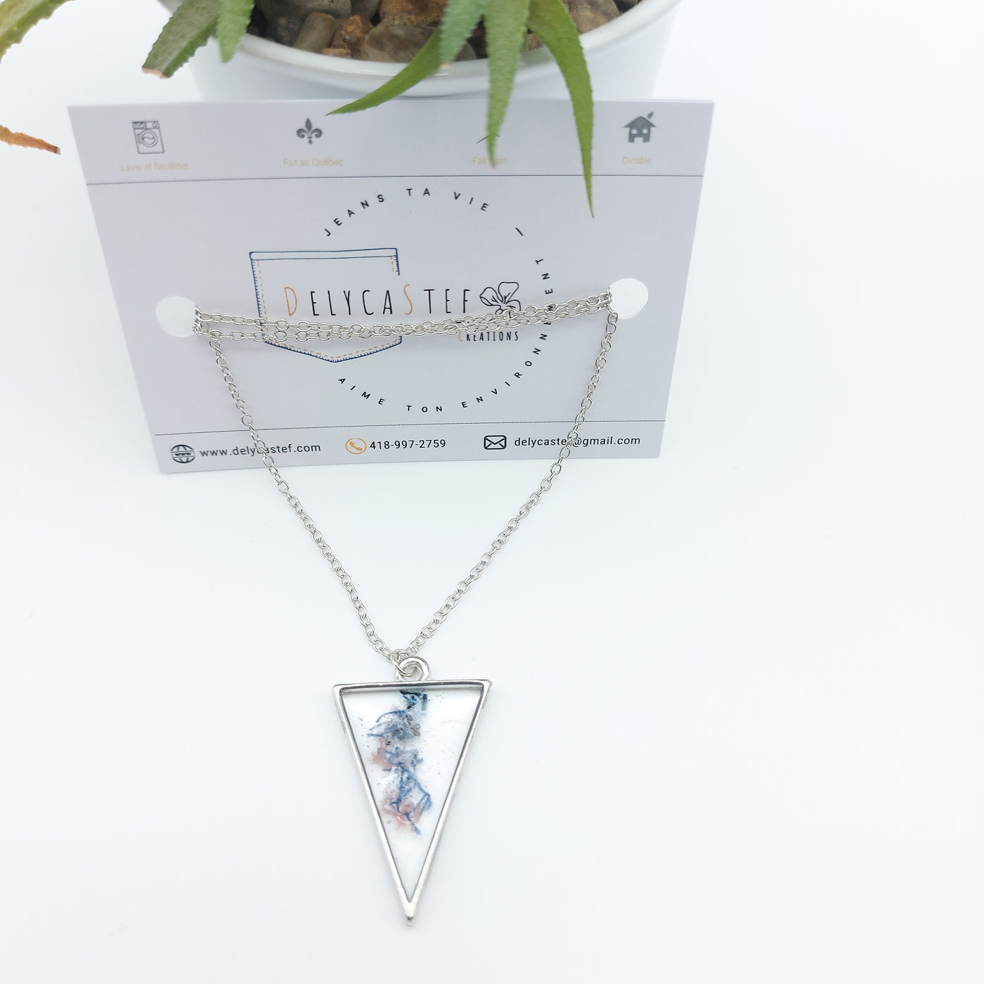 Collier- pendentif triangle et jeans denim et rose - argent