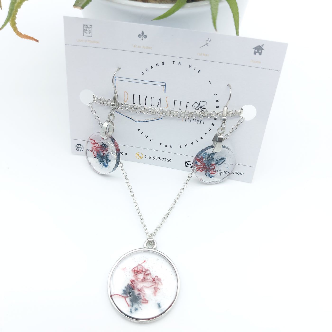 Parure - collier pendentif rond et boucle d'oreilles rond denim et rouge - argent