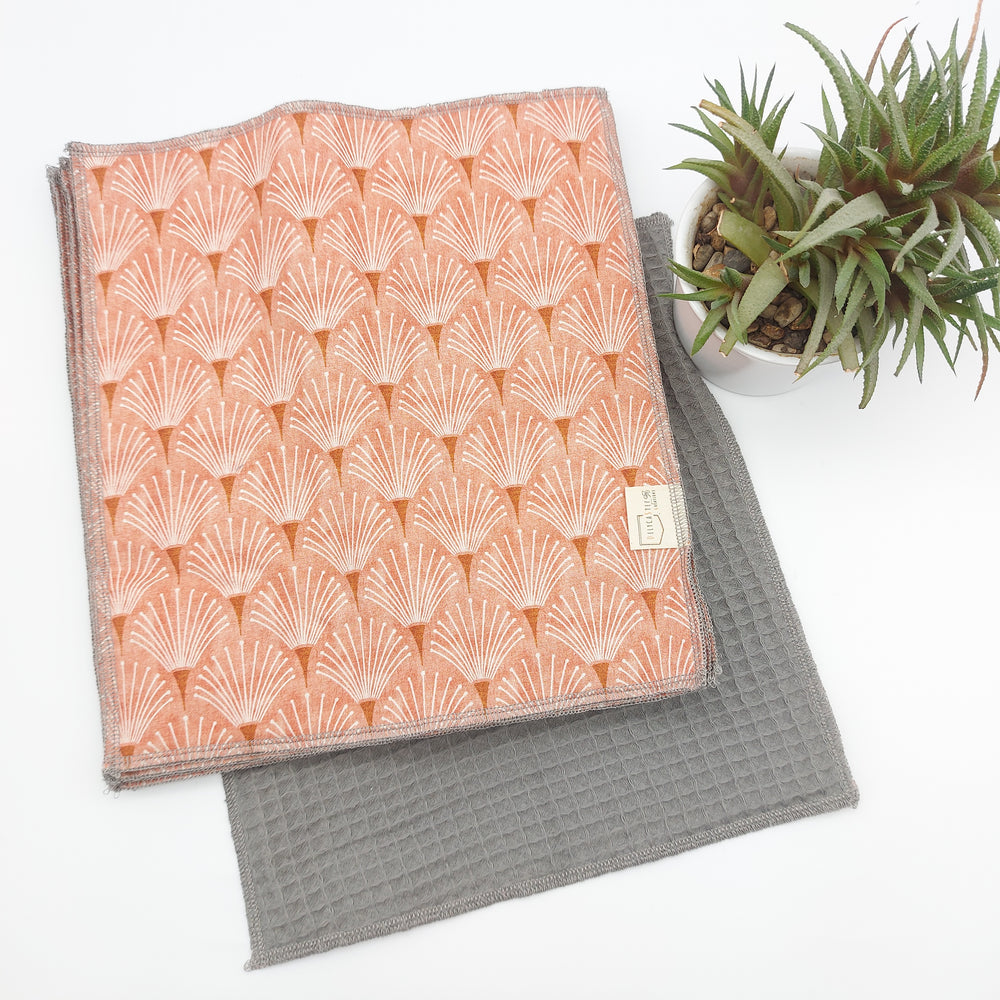 Essuie-tout lavable -  corail éventail (intérieur gris) - lot de 8 feuilles