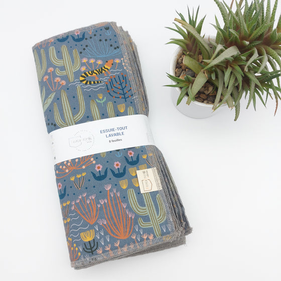 Essuie-tout lavable - cactus (intérieur gris) - lot de 8 feuilles