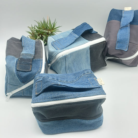 Trousse de toilette - grand carré - denim bleu et noir - intérieur jaune