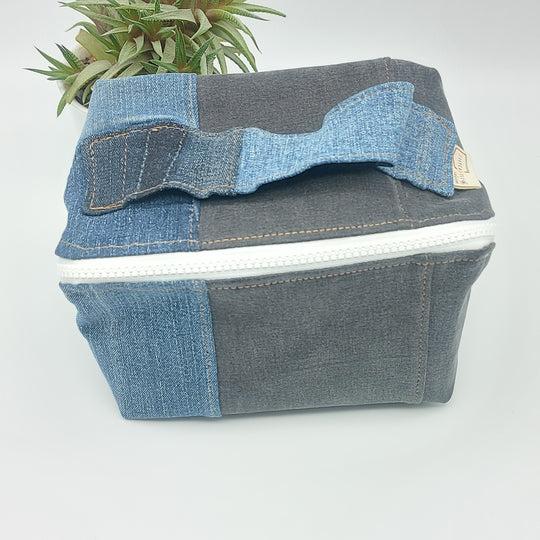 Trousse de toilette - grand carré - denim bleu et noir - intérieur jaune