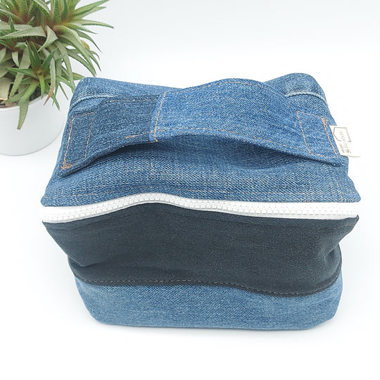 Trousse de toilette - grand carré - denim bleu et noir - intérieur jaune