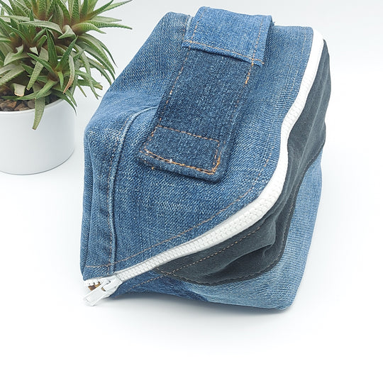 Trousse de toilette - grand carré - denim bleu et noir - intérieur jaune