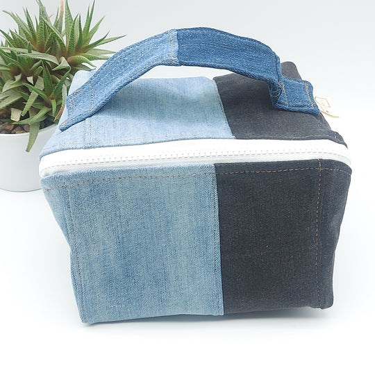 Trousse de toilette - grand carré - denim bleu et noir - intérieur jaune