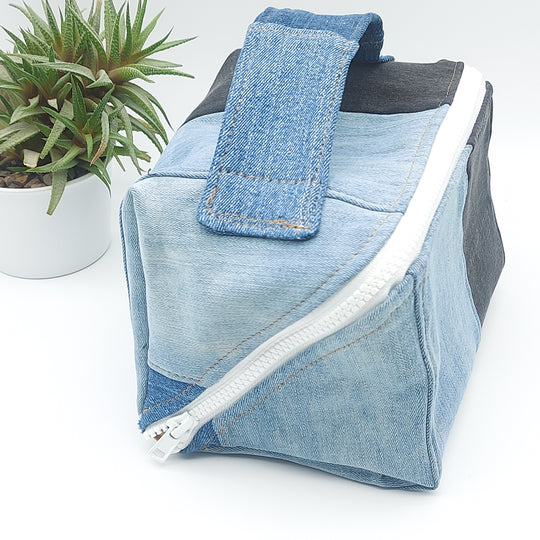 Trousse de toilette - grand carré - denim bleu et noir - intérieur jaune