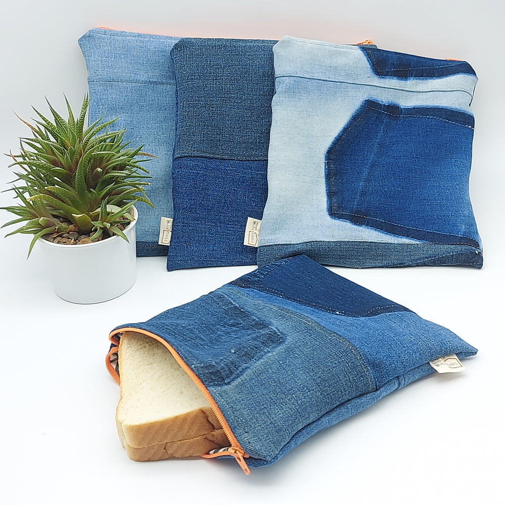 Sac à collation ou sandwich - intérieur vert avec feuille, denim bleu zipper orange