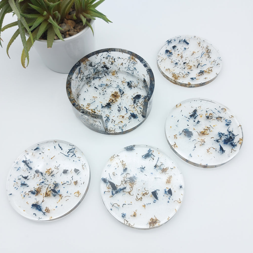 Dessous de verre - lot de 4 avec rangement denim et bronze