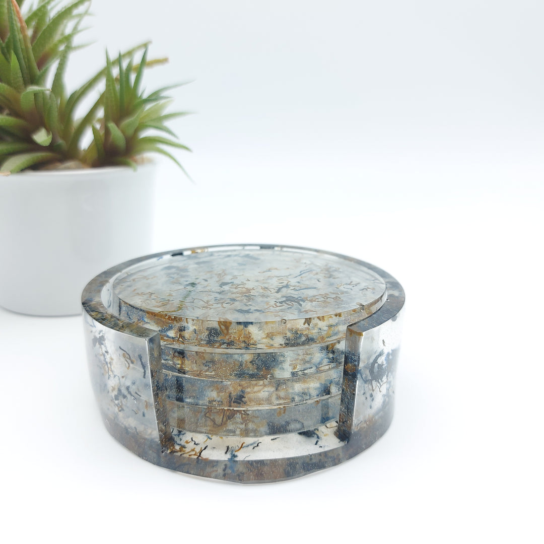 Dessous de verre - lot de 4 avec rangement denim et bronze