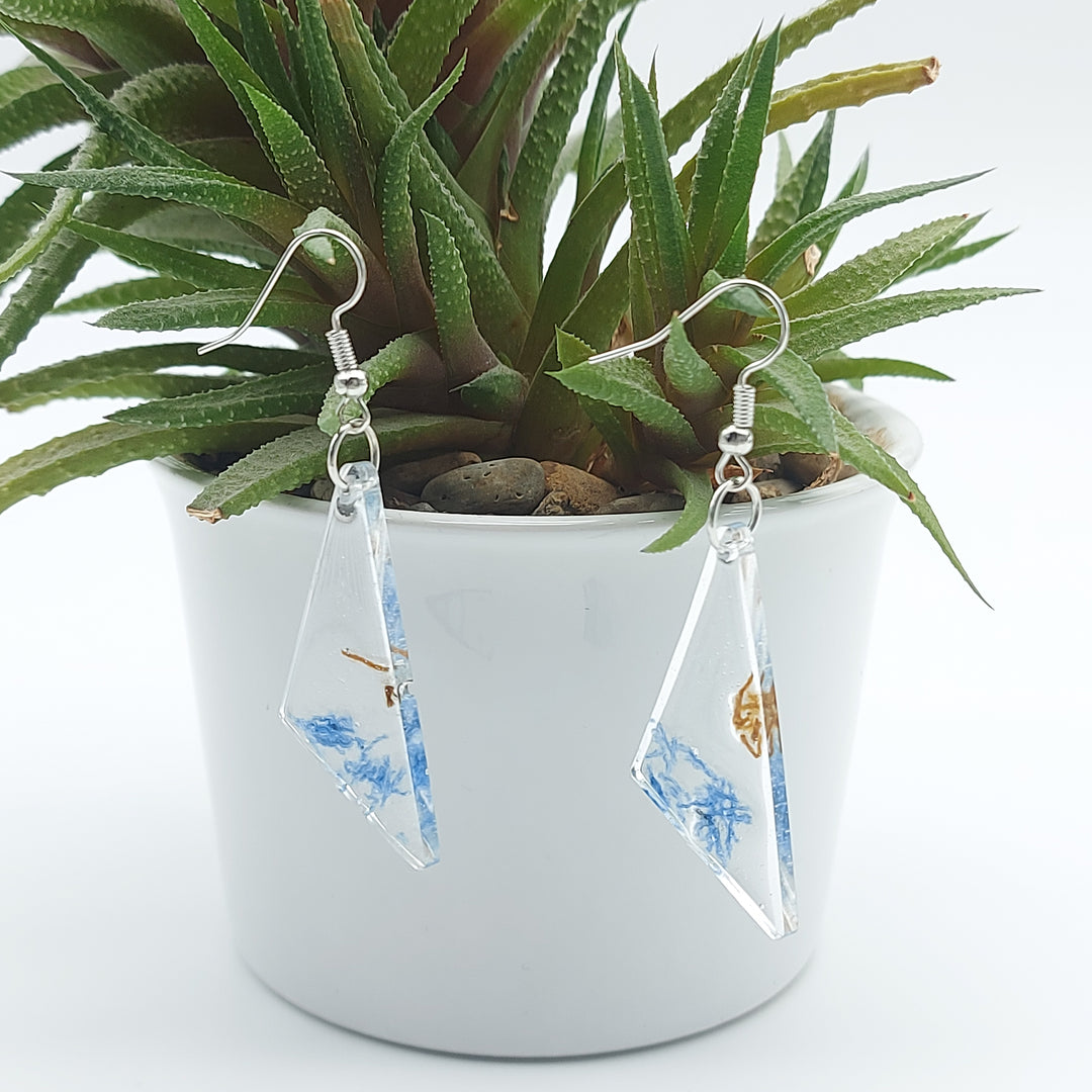 Boucles d'oreille - pendante  - triangle graphique denim et bronze