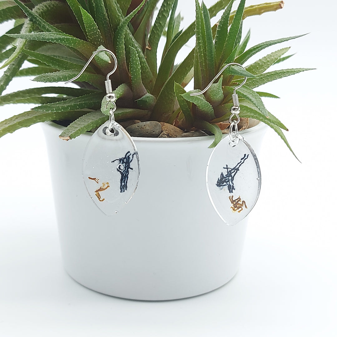 Boucles d'oreille - pendante  - goutte d'eau - grande denim foncé et bronze