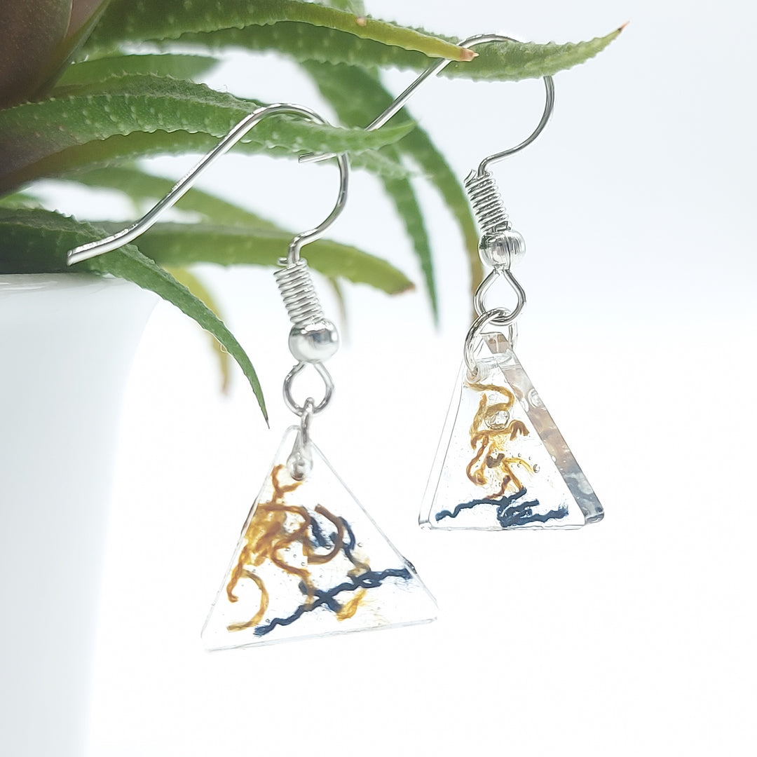 Boucles d'oreille - pendante  - triangle denim et bronze