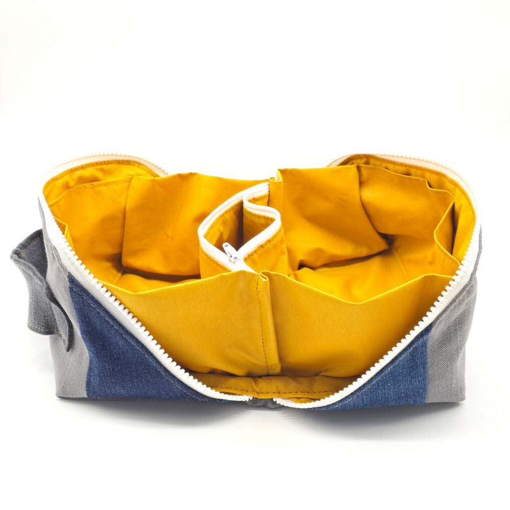 Trousse de toilette - grand carré - denim et gris - intérieur jaune