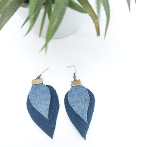 Boucle oreilles pendante feuille grande double bleu jeans - DelycaStef