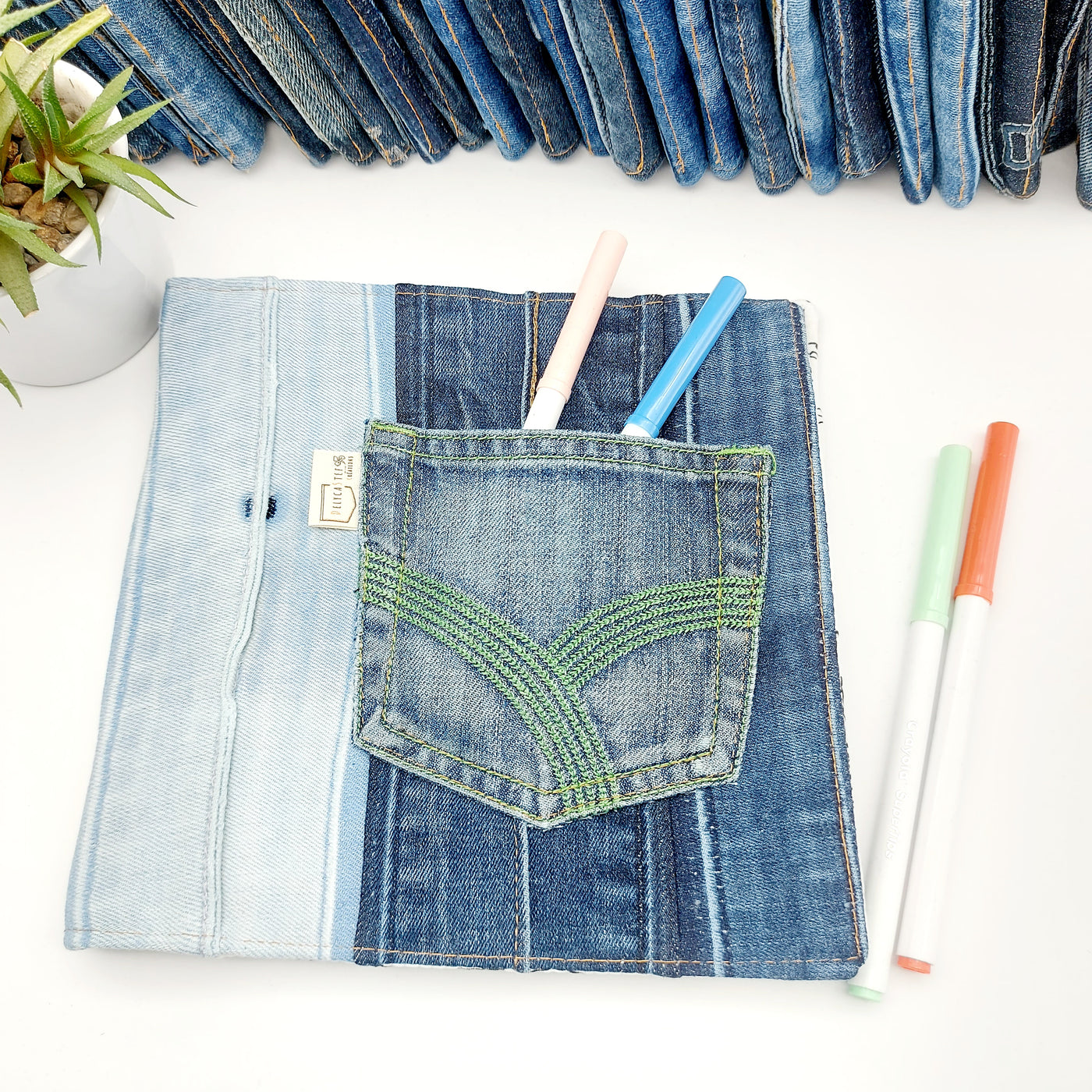 DelycaStef- cahier coloriage lavable - jungle - ceinture denim bleu - poche vert