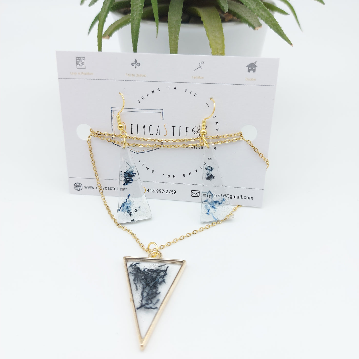 DelycaStef-parure collier boucles d’oreilles triangle denim