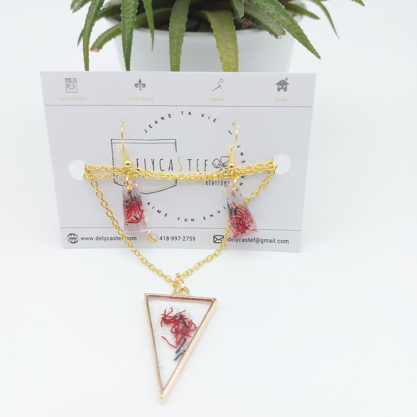DelycaStef-parure collier boucles d’oreilles triangle trapèze  rouge denim