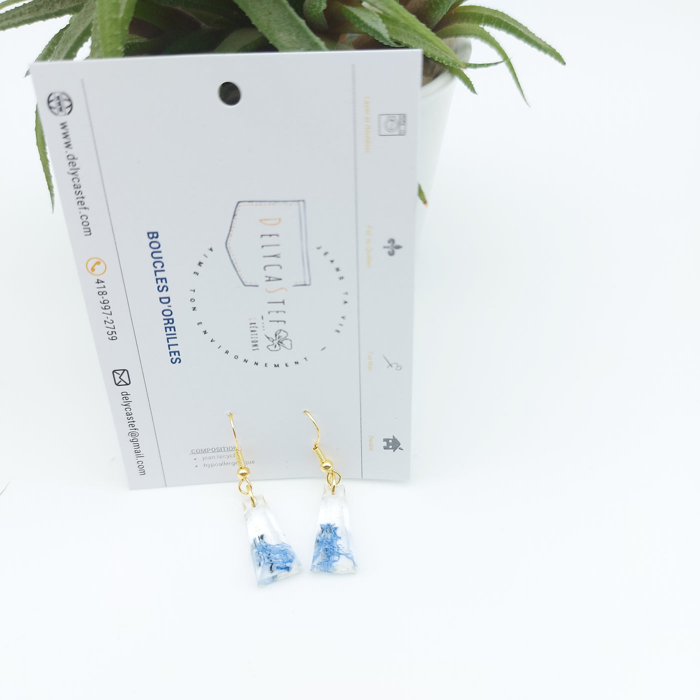 DelycaStef boucle oreilles trapeze denim clair et or