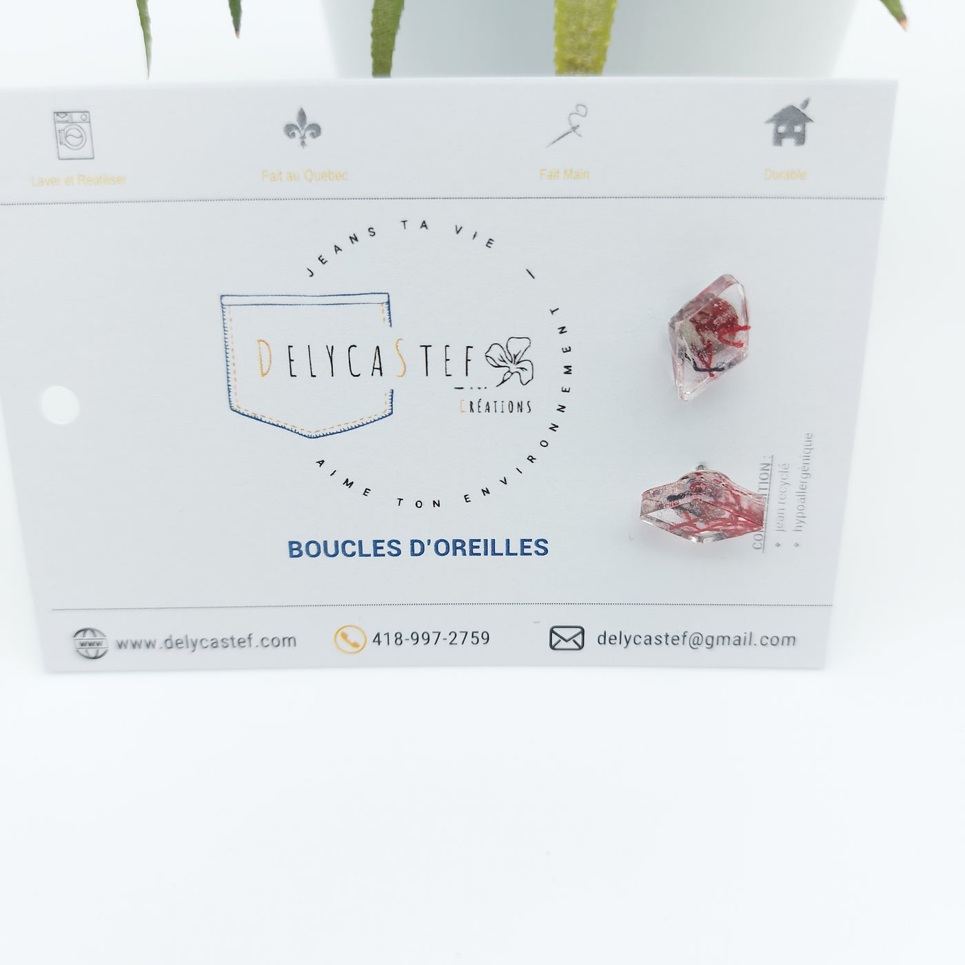 Delycastef boucles oreilles clou losange denim rouge