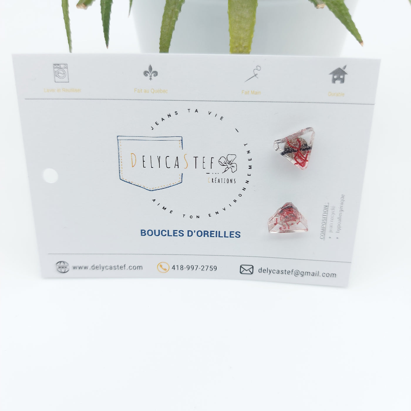 Delycastef boucles oreilles clou triangle denim rouge