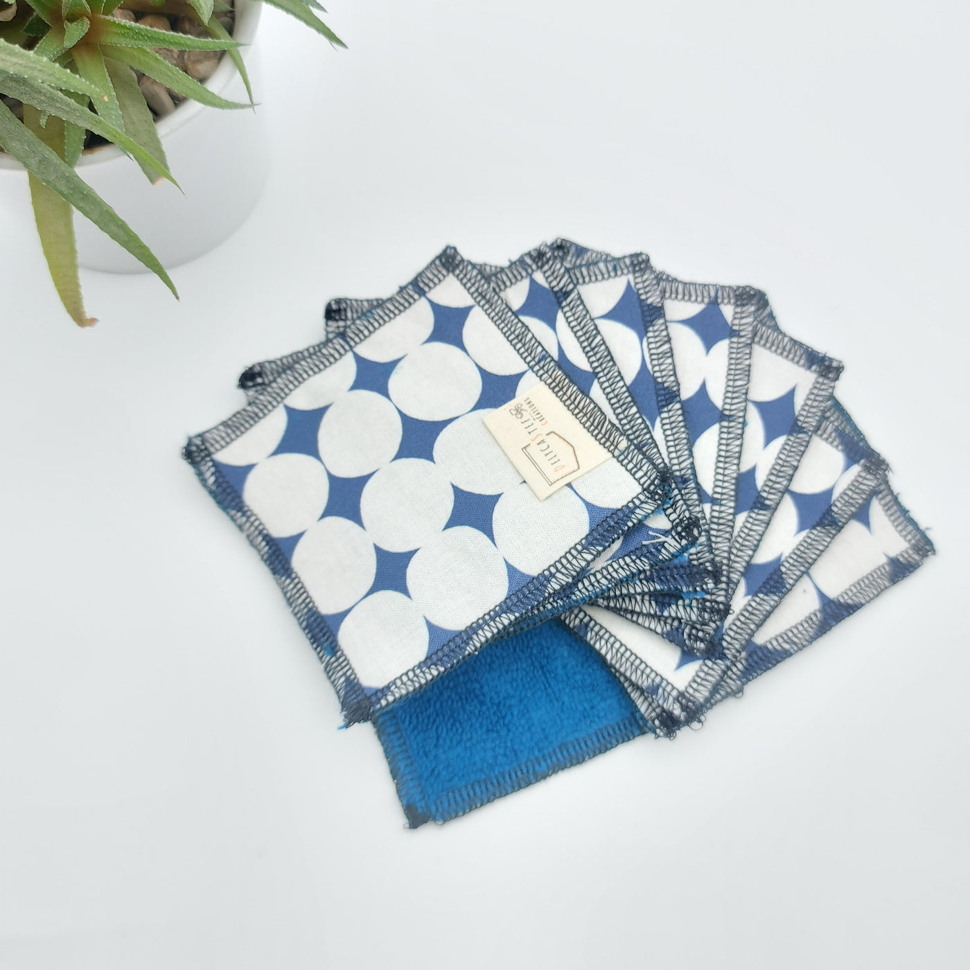 Delycastef lingette démaquillante bambou bleu canard et bleu rond blanc
