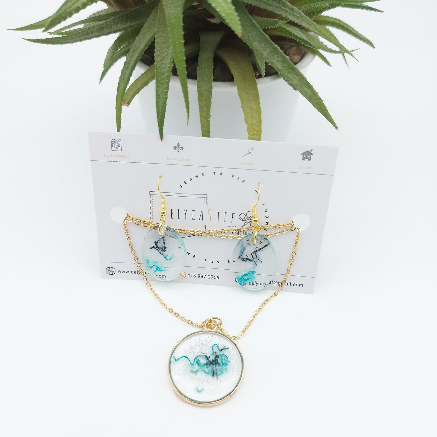 Delycastef parure collier boucle oreilles rond denim vert