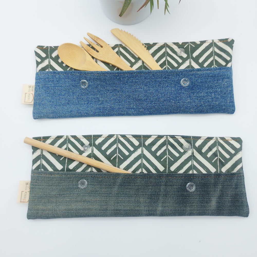 Pochette ustensiles / brosse à dents - vert arbre denim bleu