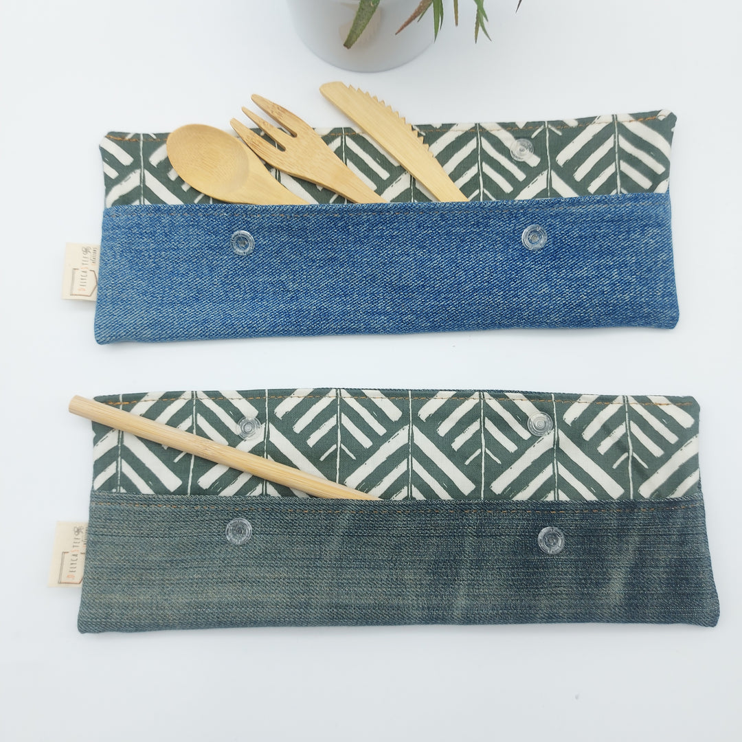 Pochette ustensiles / brosse à dents - vert arbre denim bleu