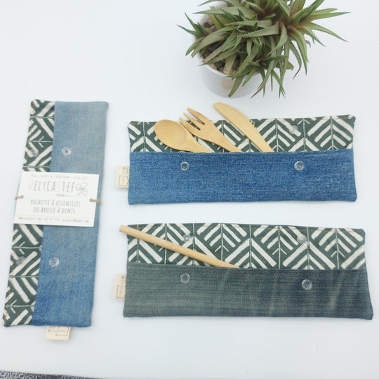 Pochette ustensiles / brosse à dents - vert arbre denim bleu