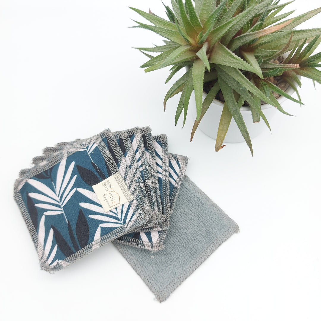 Lingettes démaquillantes lavables - lot de 8 - double bleu feuilles bleues et blanches - bambou anthracite