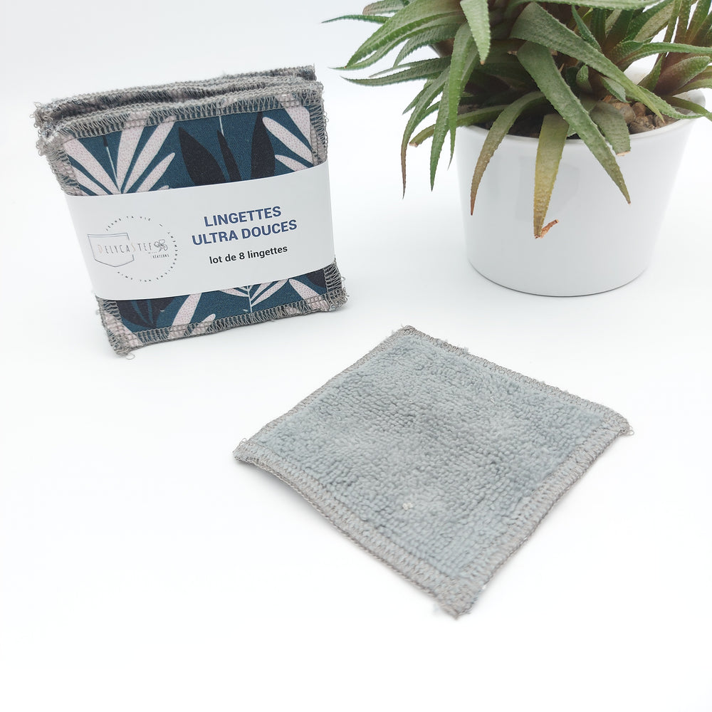 Lingettes démaquillantes lavables - lot de 8 - double bleu feuilles bleues et blanches - bambou anthracite