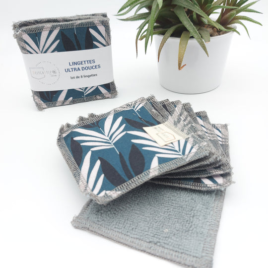 Lingettes démaquillantes lavables - lot de 8 - double bleu feuilles bleues et blanches - bambou anthracite