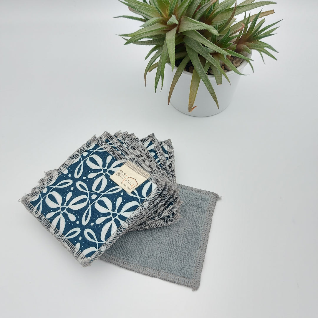 Lingettes démaquillantes lavables - lot de 8 - bleu foncé fleurs blanches - bambou anthracite