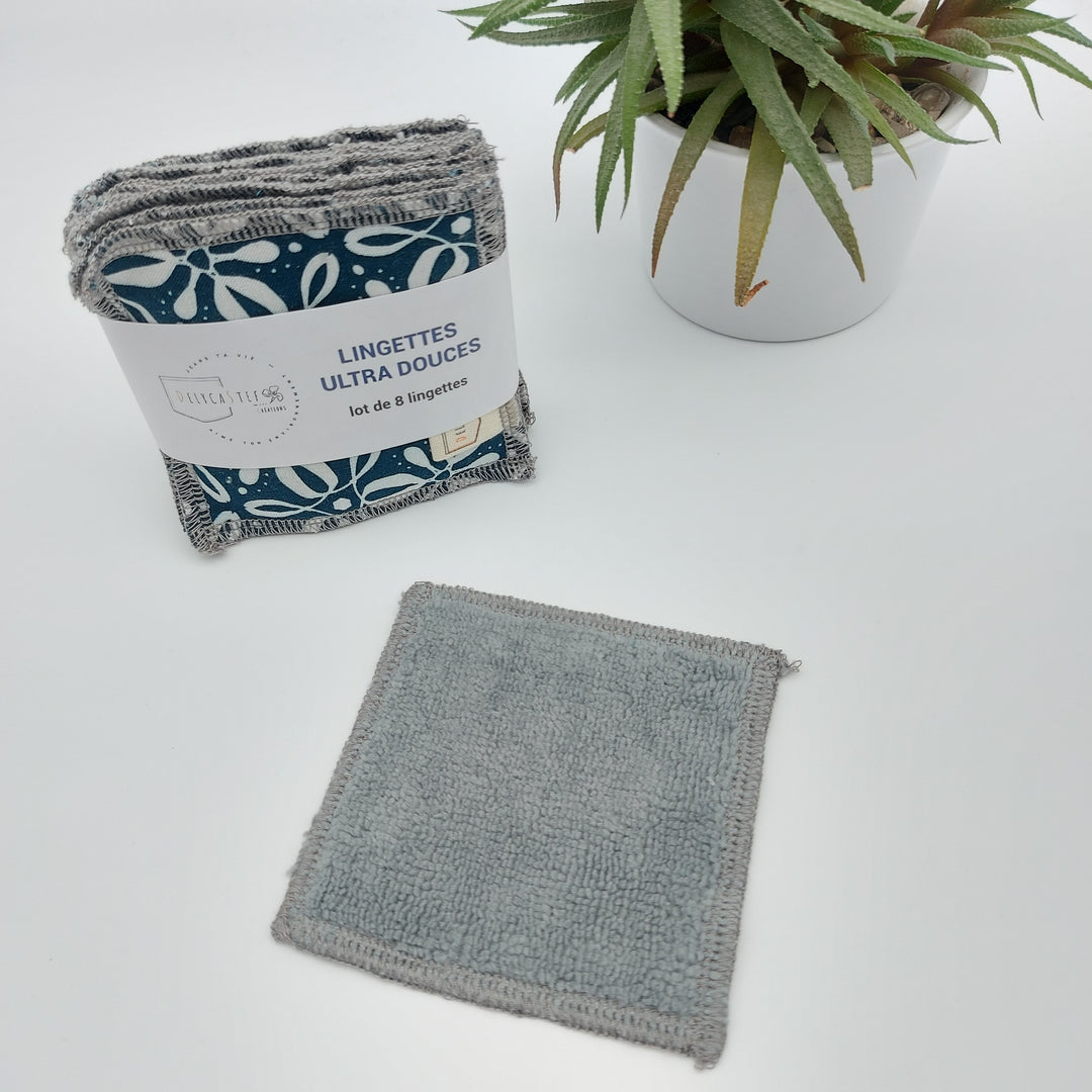 Lingettes démaquillantes lavables - lot de 8 - bleu foncé fleurs blanches - bambou anthracite