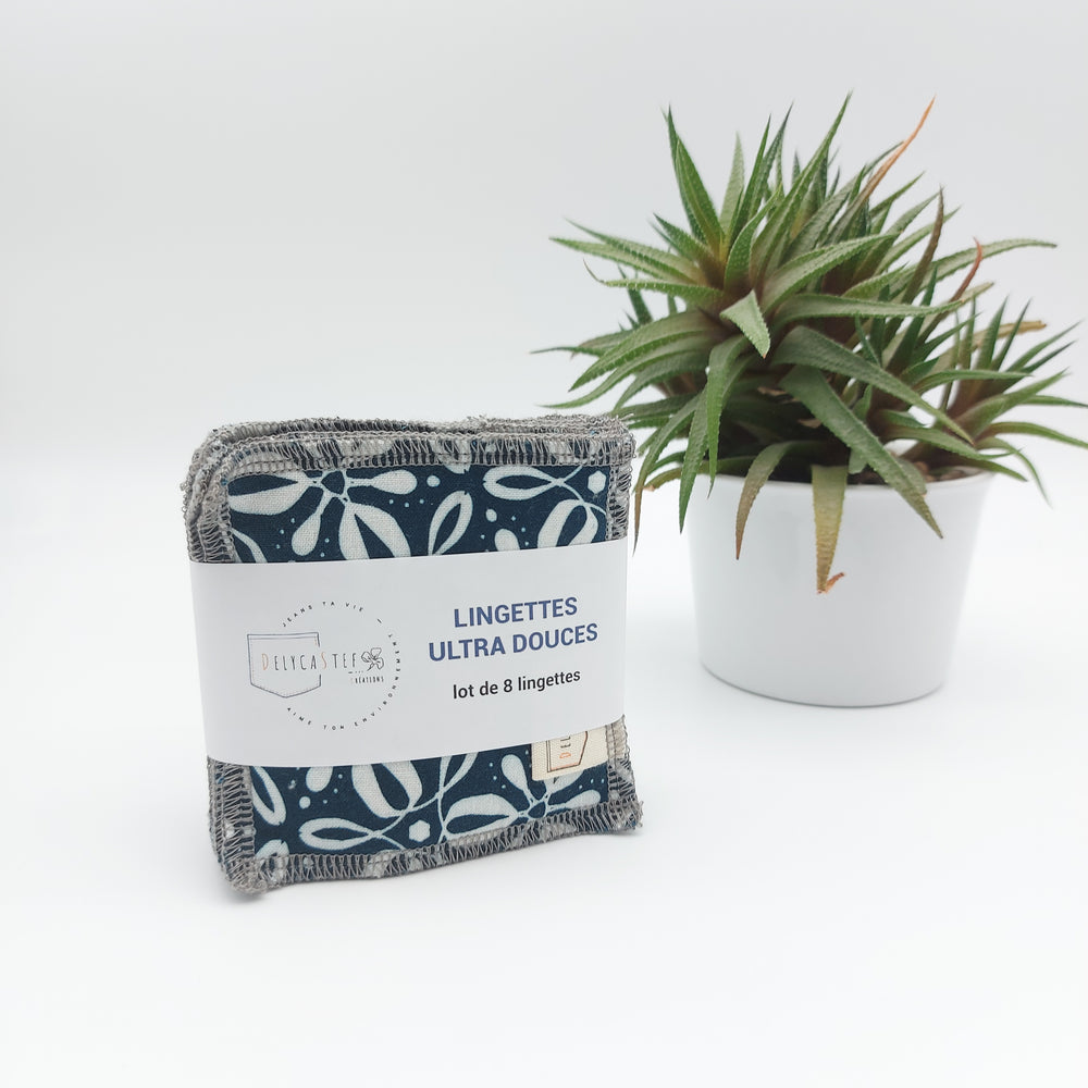 Lingettes démaquillantes lavables - lot de 8 - bleu foncé fleurs blanches - bambou anthracite