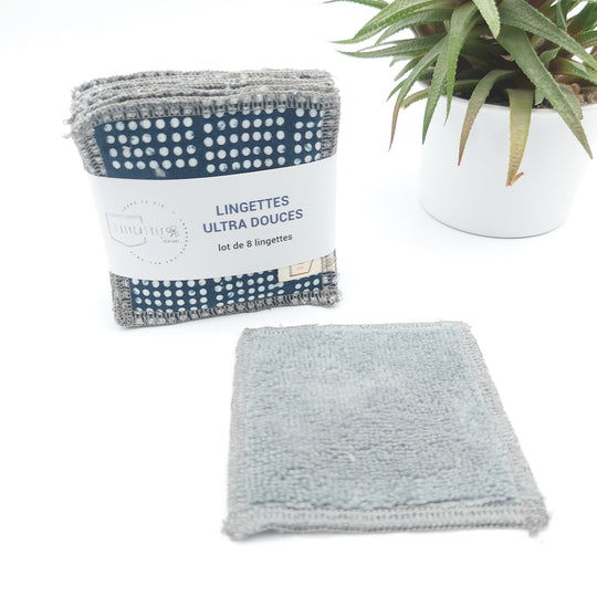 Lingettes démaquillantes lavables - lot de 8 - bleu foncé points blancs - bambou anthracite