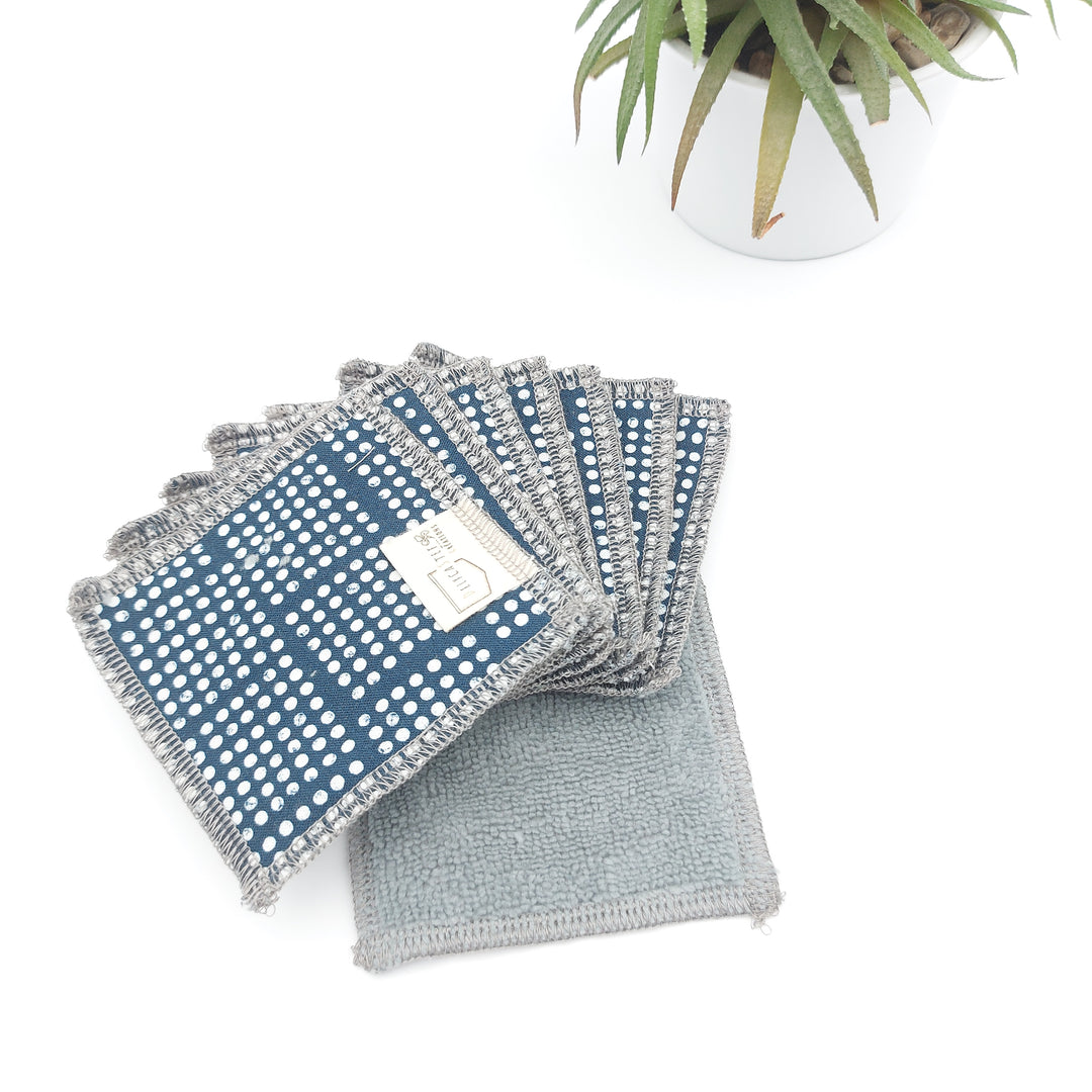 Lingettes démaquillantes lavables - lot de 8 - bleu foncé points blancs - bambou anthracite