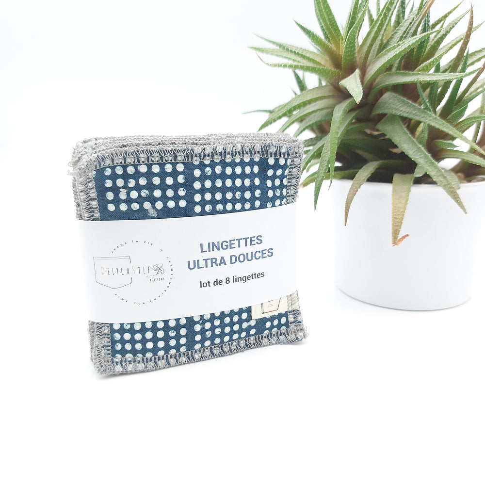 Lingettes démaquillantes lavables - lot de 8 - bleu foncé points blancs - bambou anthracite