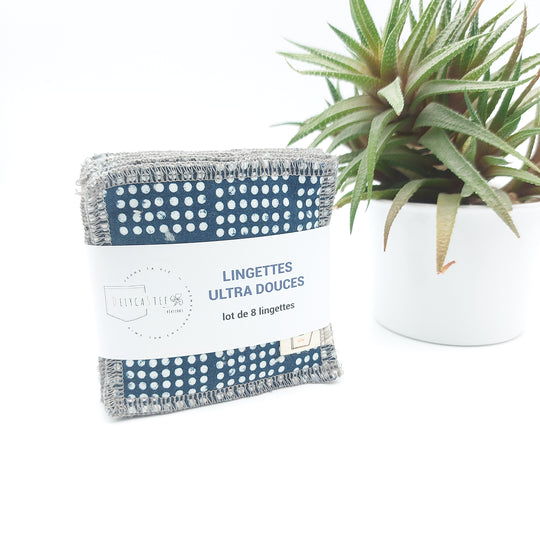Lingettes démaquillantes lavables - lot de 8 - bleu foncé points blancs - bambou anthracite