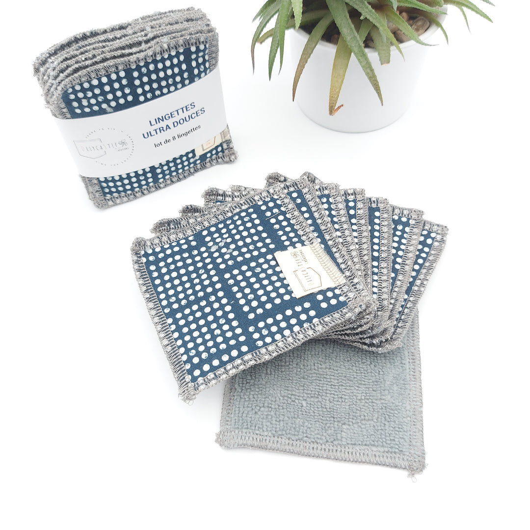 Lingettes démaquillantes lavables - lot de 8 - bleu foncé points blancs - bambou anthracite