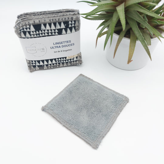 Lingettes démaquillantes lavables - lot de 8 - bleu foncé triangle blanc - bambou anthracite