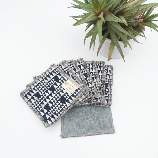Lingettes démaquillantes lavables - lot de 8 - bleu foncé triangle blanc - bambou anthracite