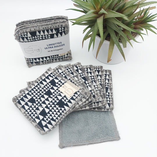 Lingettes démaquillantes lavables - lot de 8 - bleu foncé triangle blanc - bambou anthracite